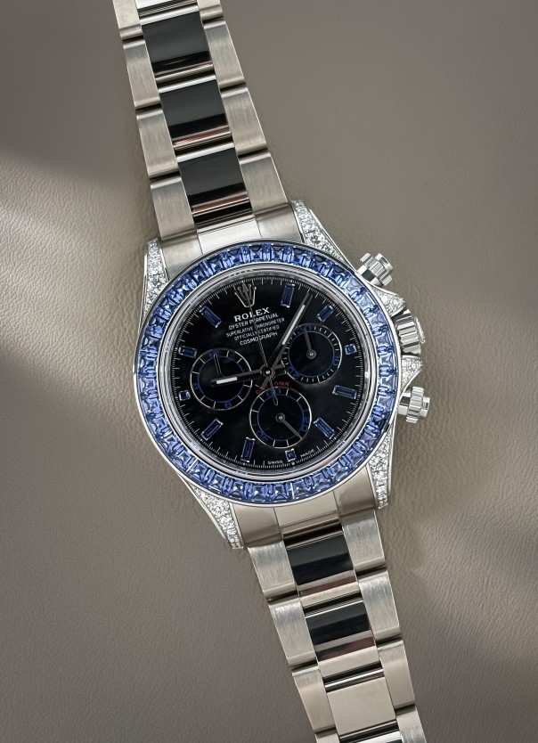 ROLEX DAYTONA WHITE GOLD SILVER SHEEN OBSIDIAN DIAL SAPPHIRE BEZEL